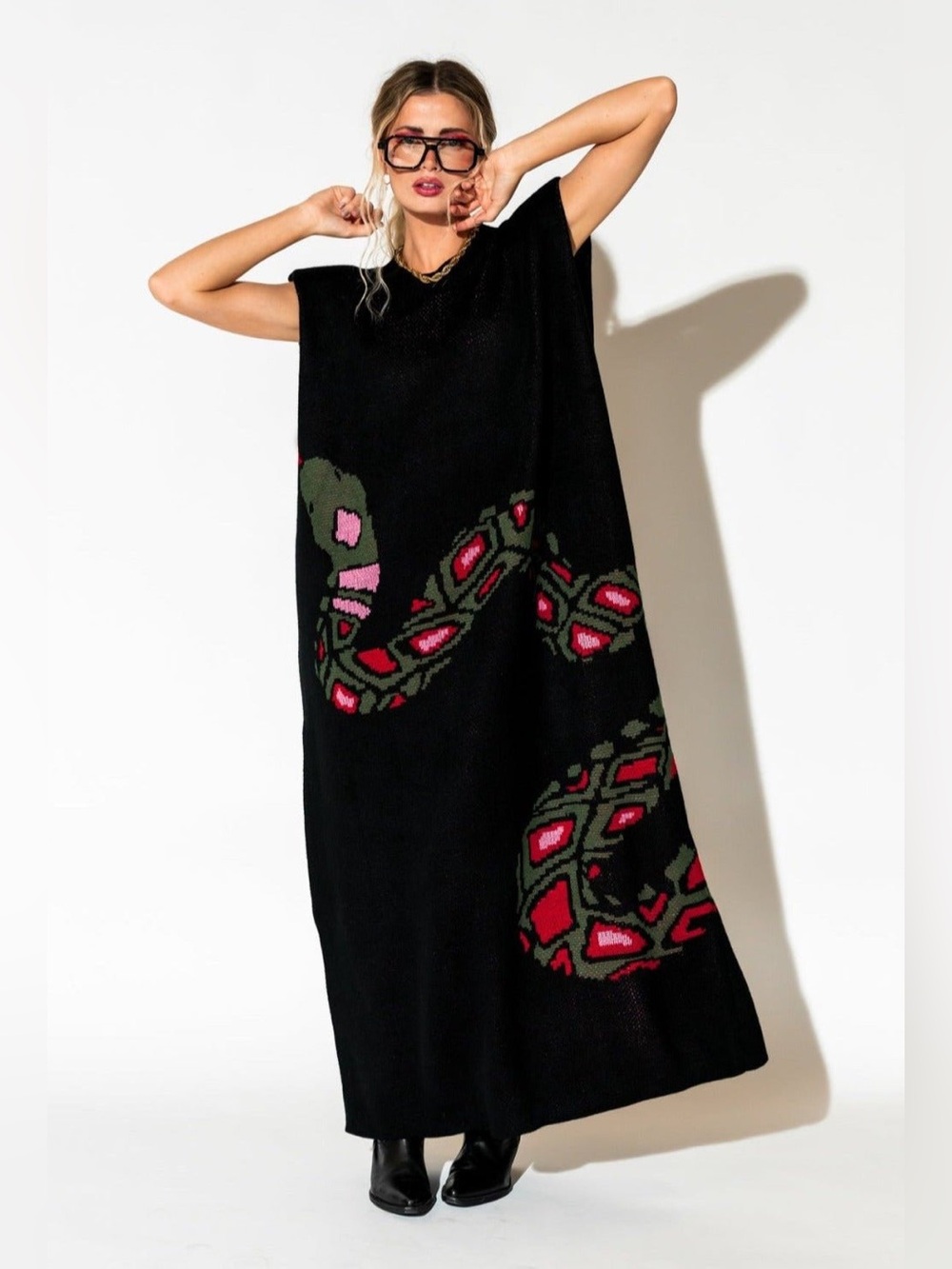 New! Dressed in LALA Big Reputation Oversized Knit Maxi Dress in Snake - S/M